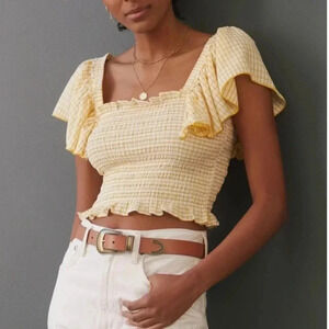 ANTHROPOLOGIE Maeve crinkle‎ gingham smocked top ruffle details Size L